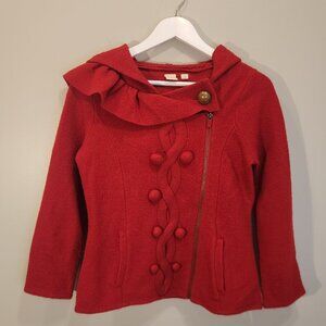 Anthropologie Red Felted Wool Knit Ruffle Hooded Zip Sweater Jacket - Size S